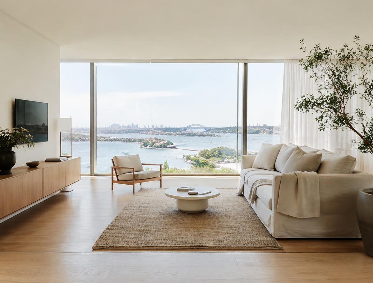Bright apartment living room with harbour views